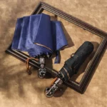 Parapluie homme robuste, élégant et de qualité avec finition bois, disponible en bleu motif et noir, design raffiné et durable.