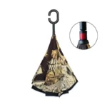 Parapluie inversé double couche avec motif artistique, poignée croix, mécanisme rouge, design élégant et fonctionnel