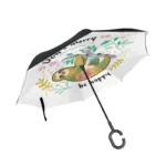 Parapluie inversé résistant motif paresseux et végétation, message 'Don't hurry, be happy'. Original et pratique sous la pluie.