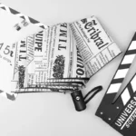 Parapluie automatique pliable design journaux, style élégant, posé sur fond gris avec accessoires de tournage pour une ambiance moderne.