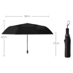 Parapluie noir déployé 98 cm, replié 28 cm, compact et élégant, parfait pour affronter la pluie avec style et praticité.