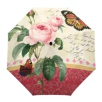 Parapluie décoré de roses roses, feuille et papillon sur fond artistique vintage, design élégant de la collection Nature.