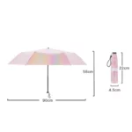 Parapluie pliant rose irisé, 90 cm ouvert, compact avec étui 22x4,5 cm, design unique et pratique, idéal pour toutes saisons.