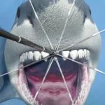 Parapluie original 3D au motif d’un requin géant vu de dessous, affichant ses dents acérées pour un design unique et audacieux.