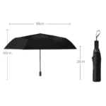 Parapluie original noir motifs glaces déployé (98 cm largeur, 60 cm hauteur) et plié à côté (28 cm), design pratique et tendance.
