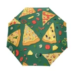 Parapluie pliable original avec motifs vivants de pizzas et ingrédients sur fond vert, idéal pour une touche fun sous la pluie.
