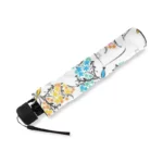 Parapluie pliant à 3 plis avec motifs floraux colorés sur fond blanc, élégant et compact pour une protection pratique.
