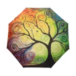 Parapluie pliant avec motif arbre de vie, design coloré et artistique, sur fond dégradé vibrant du jaune au vert.