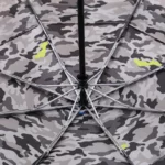 Parapluie pliant camouflage gris compact, robuste et design, parfait pour la pluie grâce à son mécanisme en métal résistant.