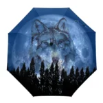 Parapluie pliant avec design de loup majestueux devant lune lumineuse, idéal pour style unique et protection contre la pluie.