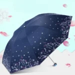 Parapluie pliant manuel bleu marine avec motif floral en bas, design élégant et pratique, parfait pour un style chic sous la pluie.