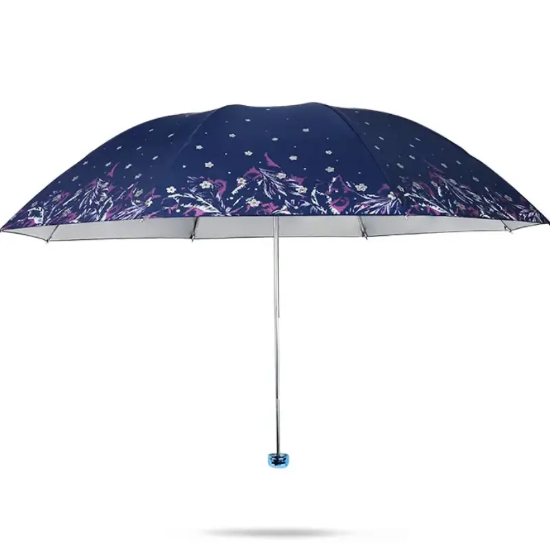 Parapluie pliant résistant bleu marine avec motifs floraux violets et blancs, ouvert sur fond blanc, élégant et pratique.