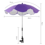 Parapluie poussette résistant violet, design ondulé, 76 cm de diamètre, pratique et élégant pour une protection optimale contre la pluie.