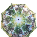 Parapluie rétro coloré avec motifs de paysages pittoresques et arbres, design unique parfait pour toutes les saisons.
