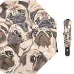 Parapluie pliant solide motif bouledogues français, visages expressifs, tons neutres, avec housse assortie pour rangement pratique.