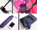Parapluie vintage compact violet, style élégant, plié près d’un smartphone et d’une pochette, idéal pour allier design et praticité.
