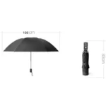 Parapluie tempête noir avec lumières LED, déplié 105 cm et plié 30 cm, design compact et résistant pour intempéries.