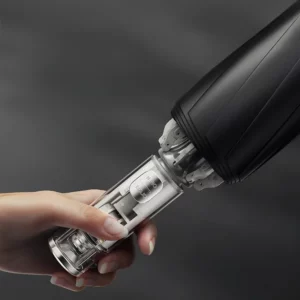 Parapluie tempête robuste noir, élégant et durable, avec mécanisme innovant, idéal contre les intempéries, sur fond sombre.