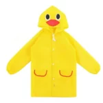 Poncho bébé long jaune en forme de canard avec capuche, poches rouges, pratique et cute pour protèger de la pluie et du vent.