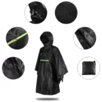 Poncho homme noir imperméable avec capuche et réflecteur. Compact, pratique avec poche frontale. Parfait contre les intempéries.
