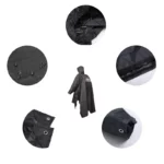 Poncho homme long noir imperméable avec capuche, détails de gouttes d'eau, fermetures renforcées et œillets pour un ajustement optimal.