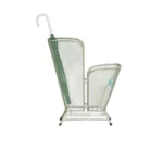 Support porte-parapluie en métal vert brillant avec parapluie assorti, design élégant et pratique, idéal pour un rangement chic.
