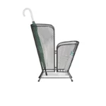 Porte parapluie en métal noir élégant, avec un parapluie vert à l'intérieur, parfait pour organiser vos parapluies avec style.