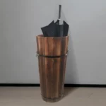 Porte parapluie vintage en bois, design élégant, parfait pour une décoration rétro, photo près d'une porte avec mur gris.