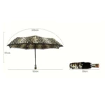 Parapluie automatique en dentelle, motif léopard, compact, diamètre 103 cm, hauteur 57 cm, avec étui de rangement pratique.