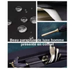 Parapluie homme luxe, élégant, en coffret, avec détails raffinés sur fond noir, parfait pour un style sophistiqué et intemporel.