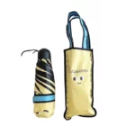 Mini parapluie de poche jaune rayé avec étui 'happiness' et visage souriant, idéal pour un style pratique et joyeux.