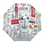 Parapluie anglais robuste avec motifs de Londres : Big Ben, bus rouge, taxi noir, Tour de Londres et symboles britanniques.