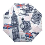 Parapluie anglais original avec motifs de Londres : Big Ben, couronne royale, tasse de thé et drapeaux britanniques.