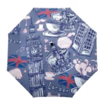 Parapluie anglais robuste avec motifs londoniens : Big Ben, Union Jack, couronne royale et tasse, sur fond bleu gris élégant.
