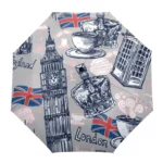 Parapluie anglais robuste décoré de motifs londoniens iconiques : Big Ben, couronne, tasse de thé et drapeau britannique.