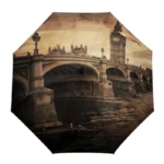 Parapluie anglais robuste avec motif Big Ben et pont Westminster, ambiance vintage en teintes sépia, parfait pour un style élégant.