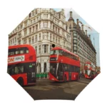 Parapluie anglais original, design emblématique de Londres avec bus rouges et architecture classique, accessoire élégant et unique.