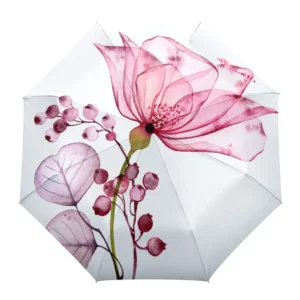 Parapluie femme avec pochette, design fleur rose et baies sur fond blanc, élégant et pratique, parfait pour toutes les occasions.