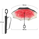 Parapluie inversé chic, motif floral rouge, 120 cm ouvert, 81 cm plié, élégant et pratique pour une protection stylée contre la pluie.