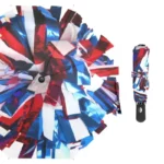 Parapluie coloré rouge, bleu et blanc, style original, pliable avec manche noir, idéal pour un look unique et pratique.