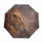 Parapluie original avec motif cheval, design artistique élégant, visage majestueux sur fond nuageux, accessoire unique.