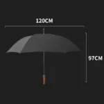 Parapluie tempête coupe-vent noir, 120 cm diamètre, 97 cm hauteur, poignée en bois, design élégant, adapté aux intempéries.