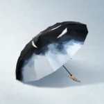 Parapluie tempête renforcé noir, motifs nuageux avec plumes blanches, design élégant et robuste, idéal contre vents forts.