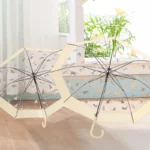 Parapluies transparents avec motifs de chiens et chats, design élégant, posés sur un sol en bois dans une ambiance lumineuse.