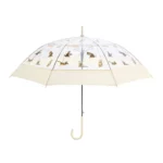 Parapluie transparent motifs chats, structure crème, poignée croc, élégant et pratique pour rester au sec avec style.