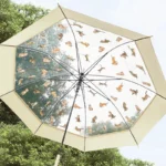Parapluie transparent motif chien et chat, design coloré et tendance, idéal pour se protéger de la pluie avec style.
