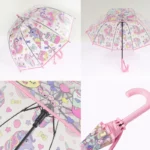 Parapluie transparent petite fille avec motifs licornes et bonbons, poignée rose ergonomique, idéal pour les jours pluvieux.