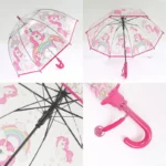 Parapluie transparent petite fille avec motifs licornes et arc-en-ciel, bordure rose, design coloré et ludique parfait pour enfants.