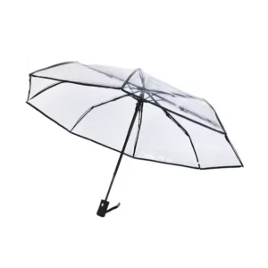 Parapluie transparent résistant, design élégant avec structure noire, parfait pour affronter la pluie avec style et visibilité.