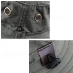 Chapeau de pluie homme large bord vert, imperméable avec œillets de ventilation et cordon en cuir ajustable, idéal intempéries.